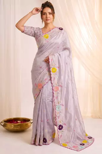 Women's lavender embroidery tissue designer saree with blouse