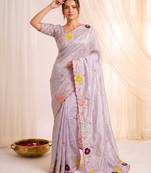 Women's lavender embroidery tissue designer saree with blouse