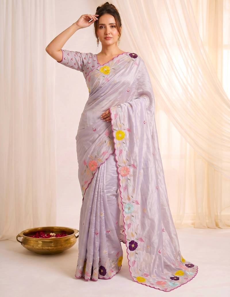 Women's lavender embroidery tissue designer saree with blouse