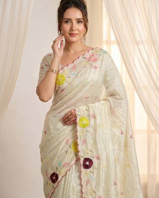 Women's pista green embroidery tissue designer saree with blouse 3