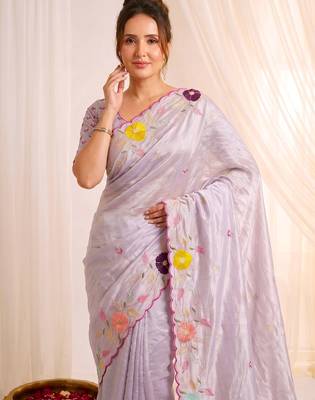 Women's lavender embroidery tissue designer saree with blouse 2