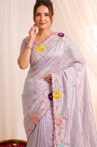 Women's lavender embroidery tissue designer saree with blouse