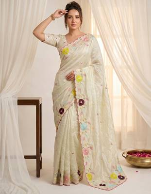Women's pista green embroidery tissue designer saree with blouse 4