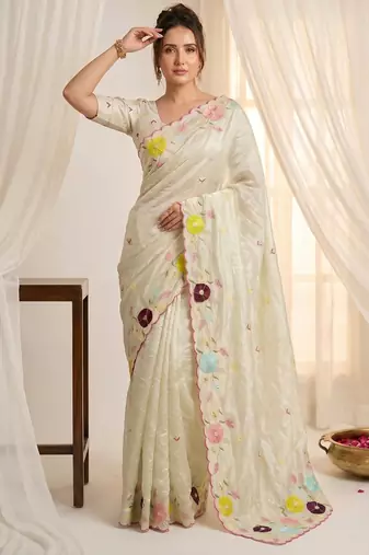 Women's pista green embroidery tissue designer saree with blouse