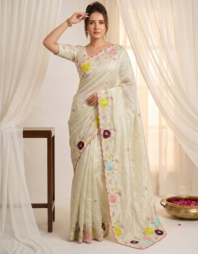 Women's pista green embroidery tissue designer saree with blouse
