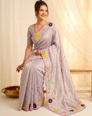 Women's lavender embroidery tissue designer saree with blouse 3