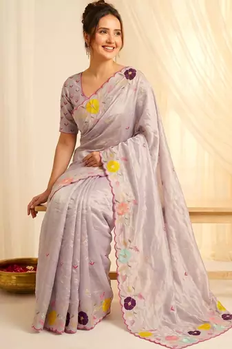 Women's lavender embroidery tissue designer saree with blouse