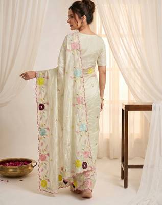 Women's pista green embroidery tissue designer saree with blouse 5