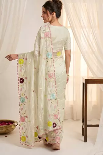 Women's pista green embroidery tissue designer saree with blouse