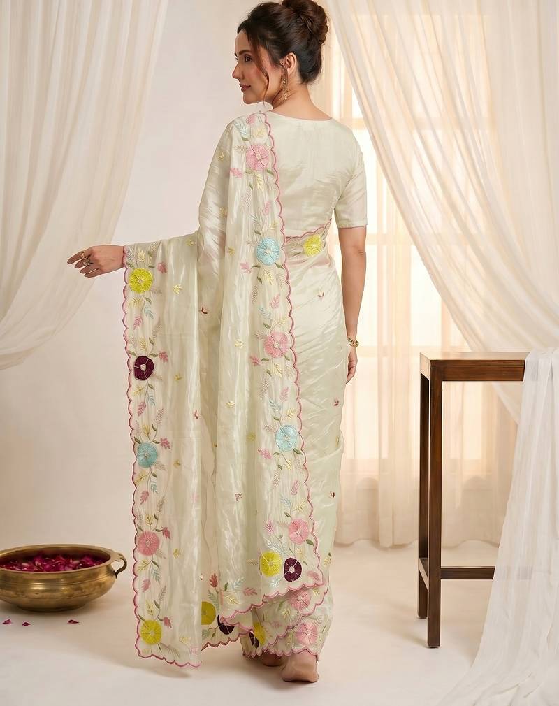 Women's pista green embroidery tissue designer saree with blouse
