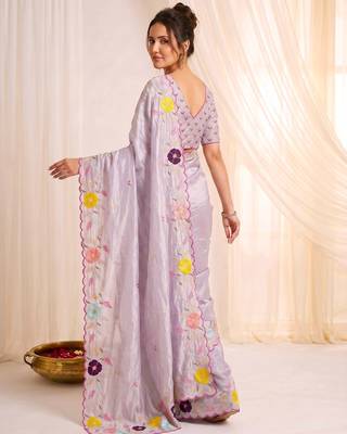 Women's lavender embroidery tissue designer saree with blouse 4