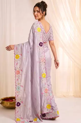 Women's lavender embroidery tissue designer saree with blouse