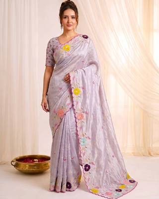 Women's lavender embroidery tissue designer saree with blouse 5