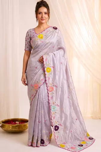 Women's lavender embroidery tissue designer saree with blouse