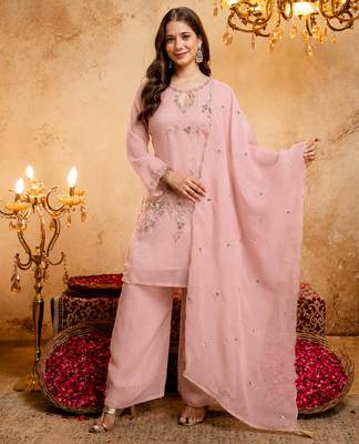  Embroidery Work Crunchy Straight Kurta Palazzo and Dupatta Set 1