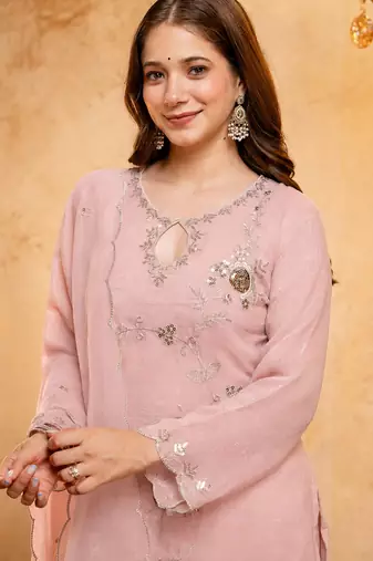  Embroidery Work Crunchy Straight Kurta Palazzo and Dupatta Set