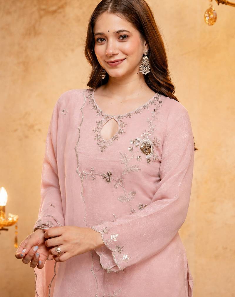  Embroidery Work Crunchy Straight Kurta Palazzo and Dupatta Set