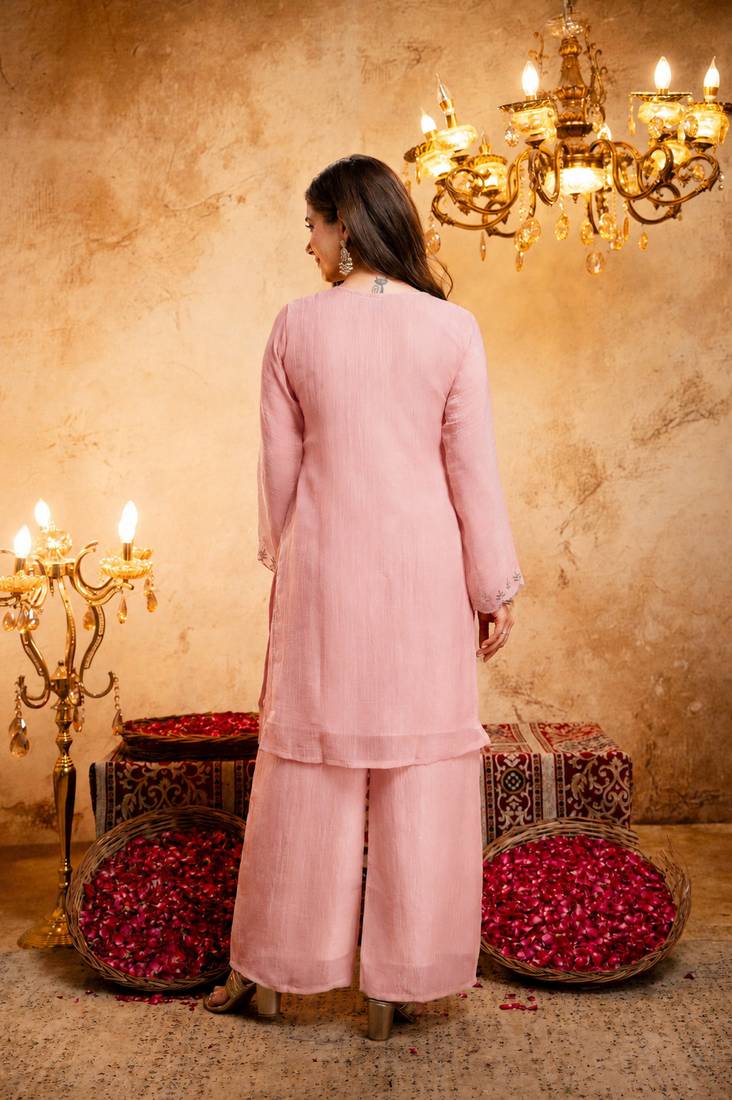  Embroidery Work Crunchy Straight Kurta Palazzo and Dupatta Set