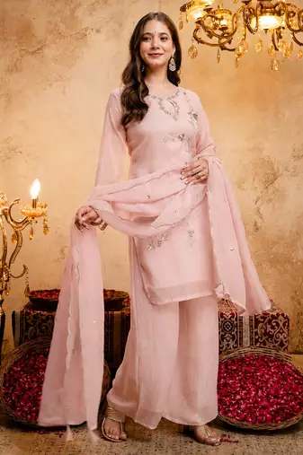  Embroidery Work Crunchy Straight Kurta Palazzo and Dupatta Set