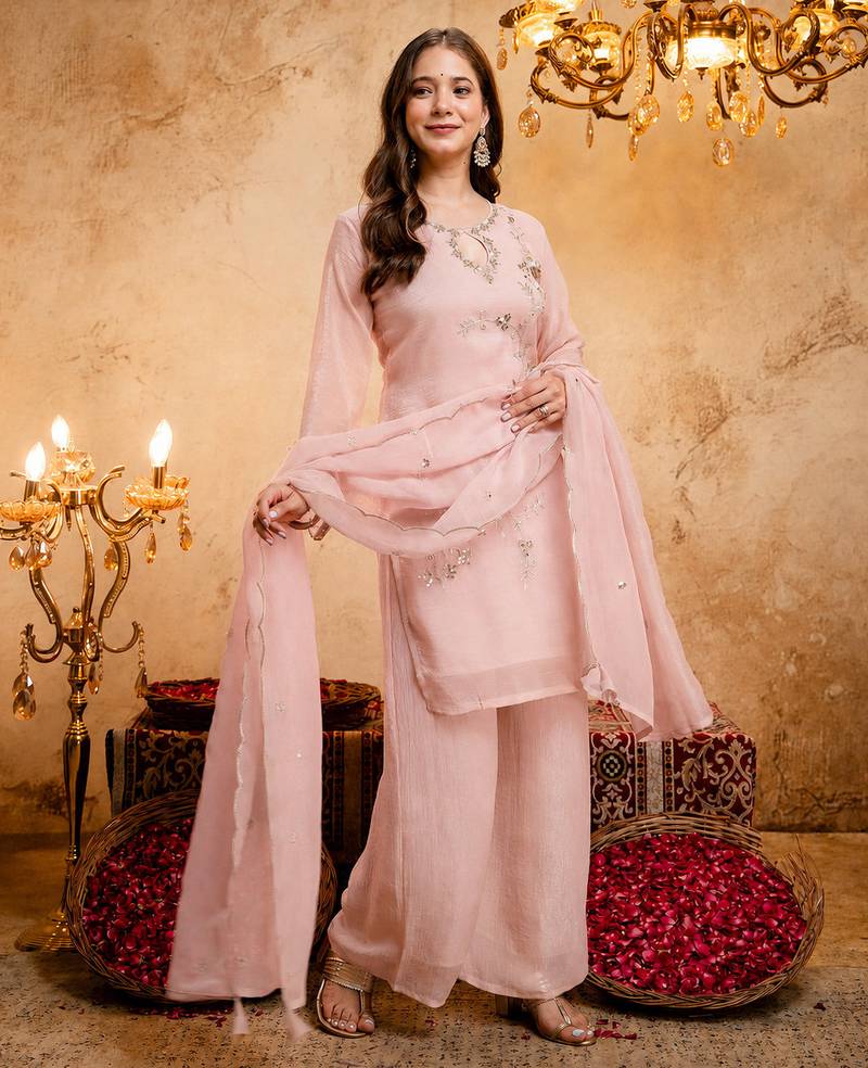  Embroidery Work Crunchy Straight Kurta Palazzo and Dupatta Set