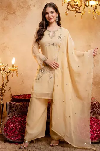  Embroidery Work Crunchy Straight Kurta Palazzo and Dupatta Set