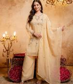  Embroidery Work Crunchy Straight Kurta Palazzo and Dupatta Set