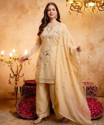  Embroidery Work Crunchy Straight Kurta Palazzo and Dupatta Set 3
