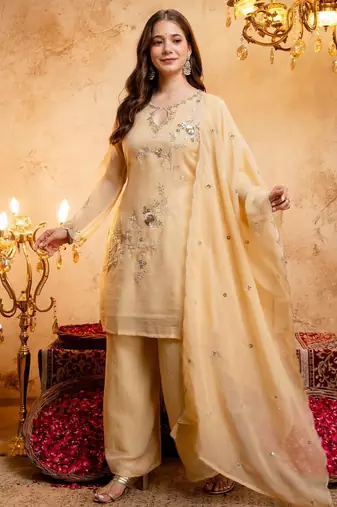  Embroidery Work Crunchy Straight Kurta Palazzo and Dupatta Set