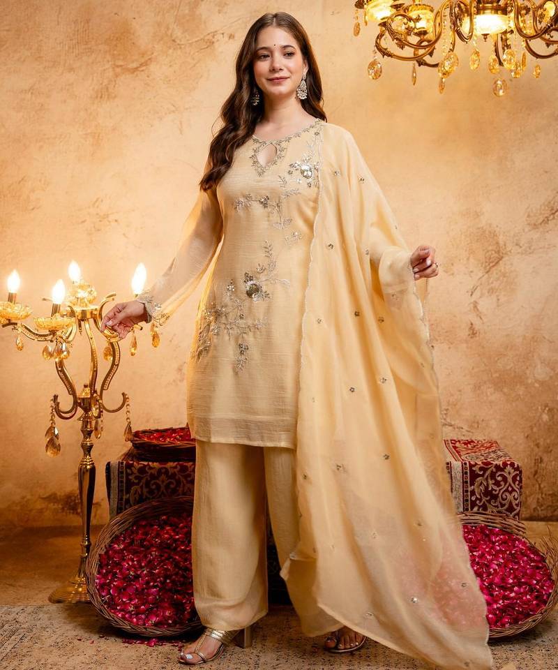 Embroidery Work Crunchy Straight Kurta Palazzo and Dupatta Set