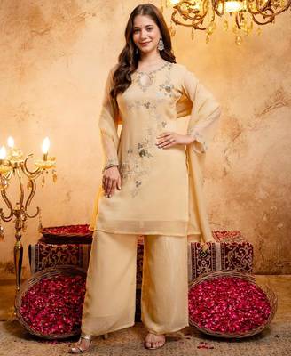  Embroidery Work Crunchy Straight Kurta Palazzo and Dupatta Set 5