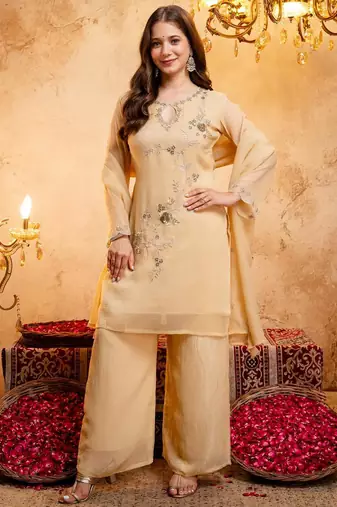  Embroidery Work Crunchy Straight Kurta Palazzo and Dupatta Set