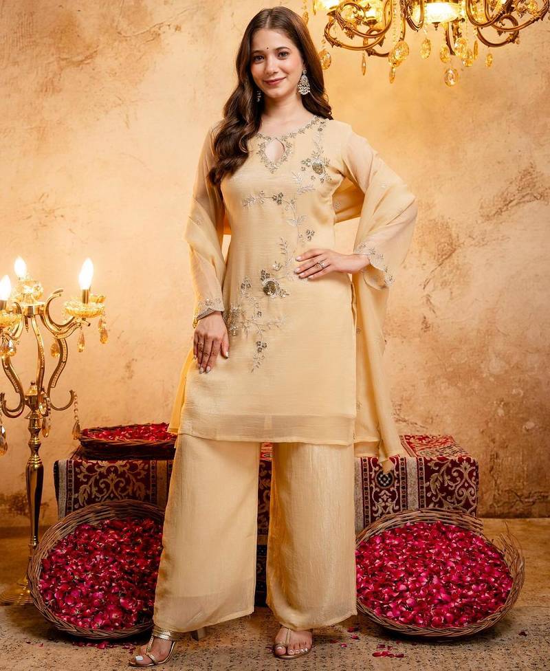  Embroidery Work Crunchy Straight Kurta Palazzo and Dupatta Set