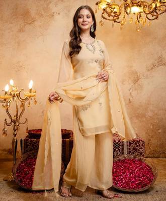  Embroidery Work Crunchy Straight Kurta Palazzo and Dupatta Set 6
