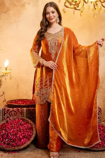  Embroidery Work Fendy Straight Kurta Palazzo and Dupatta Set