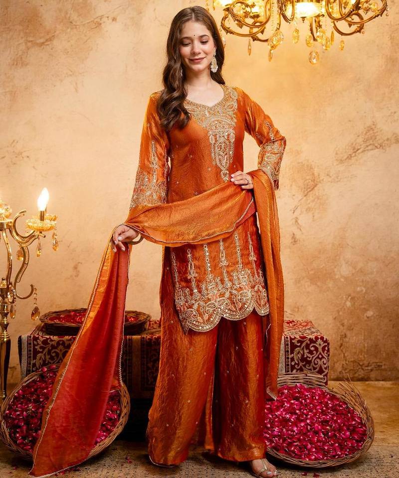  Embroidery Work Fendy Straight Kurta Palazzo and Dupatta Set