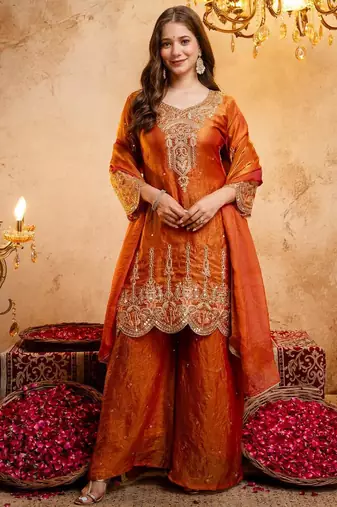  Embroidery Work Fendy Straight Kurta Palazzo and Dupatta Set