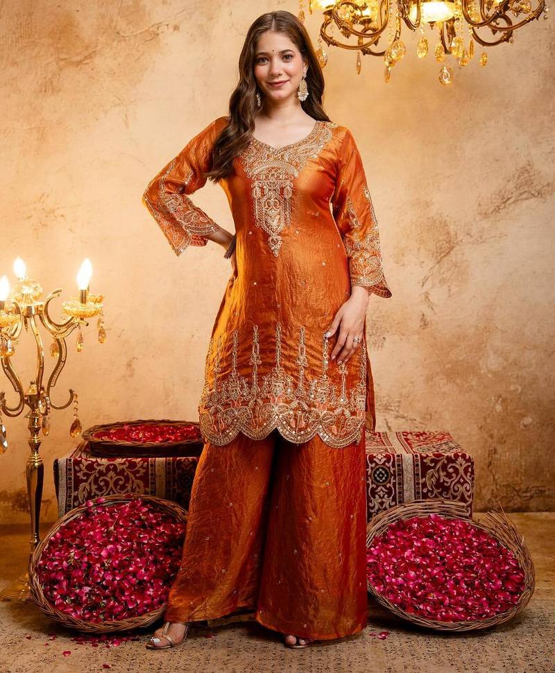  Embroidery Work Fendy Straight Kurta Palazzo and Dupatta Set
