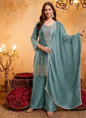  Embroidery Work Fendy Straight Kurta Palazzo and Dupatta Set 1