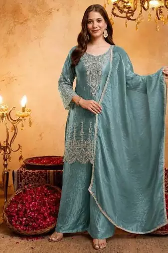  Embroidery Work Fendy Straight Kurta Palazzo and Dupatta Set