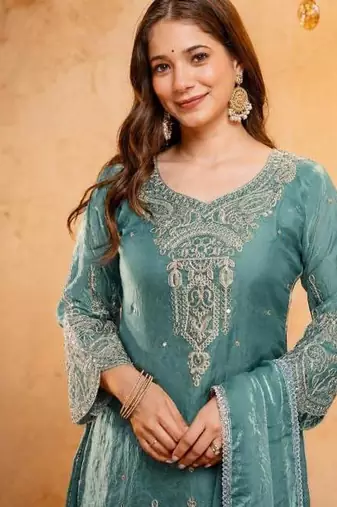  Embroidery Work Fendy Straight Kurta Palazzo and Dupatta Set