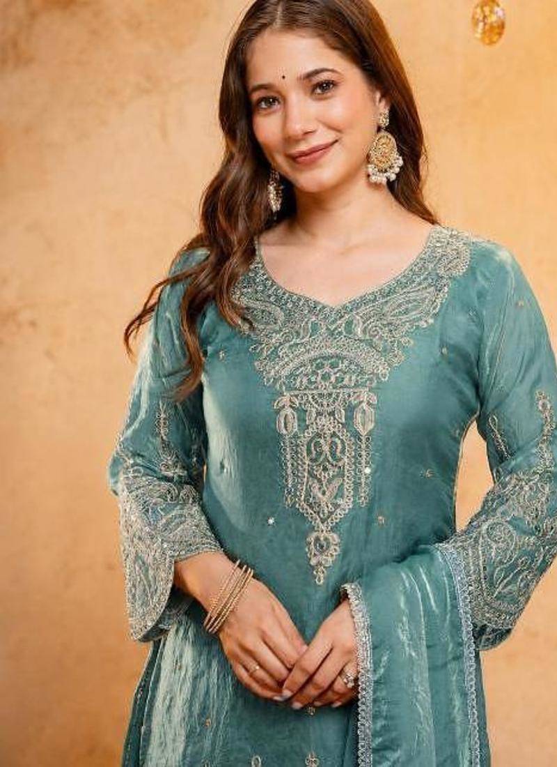  Embroidery Work Fendy Straight Kurta Palazzo and Dupatta Set