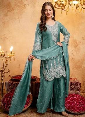  Embroidery Work Fendy Straight Kurta Palazzo and Dupatta Set 3