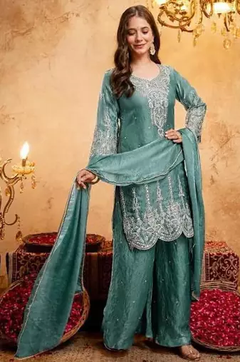  Embroidery Work Fendy Straight Kurta Palazzo and Dupatta Set