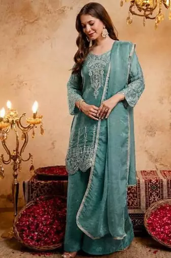  Embroidery Work Fendy Straight Kurta Palazzo and Dupatta Set