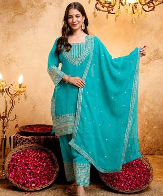  Embroidery Work Crunchy Straight Kurta Shalwar and Dupatta Set 1