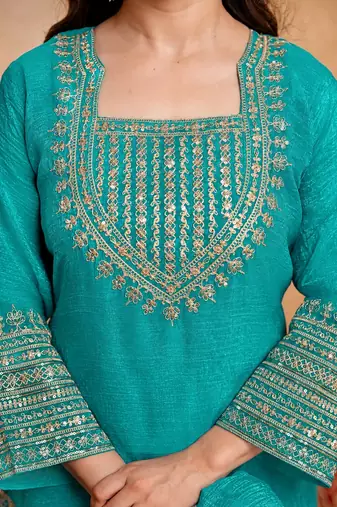  Embroidery Work Crunchy Straight Kurta Shalwar and Dupatta Set