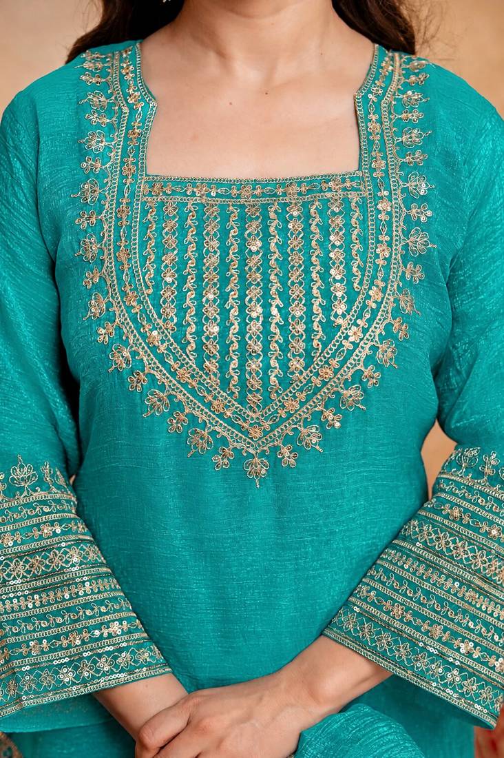  Embroidery Work Crunchy Straight Kurta Shalwar and Dupatta Set