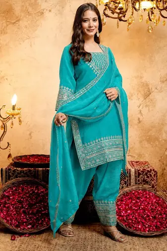 Embroidery Work Crunchy Straight Kurta Shalwar and Dupatta Set