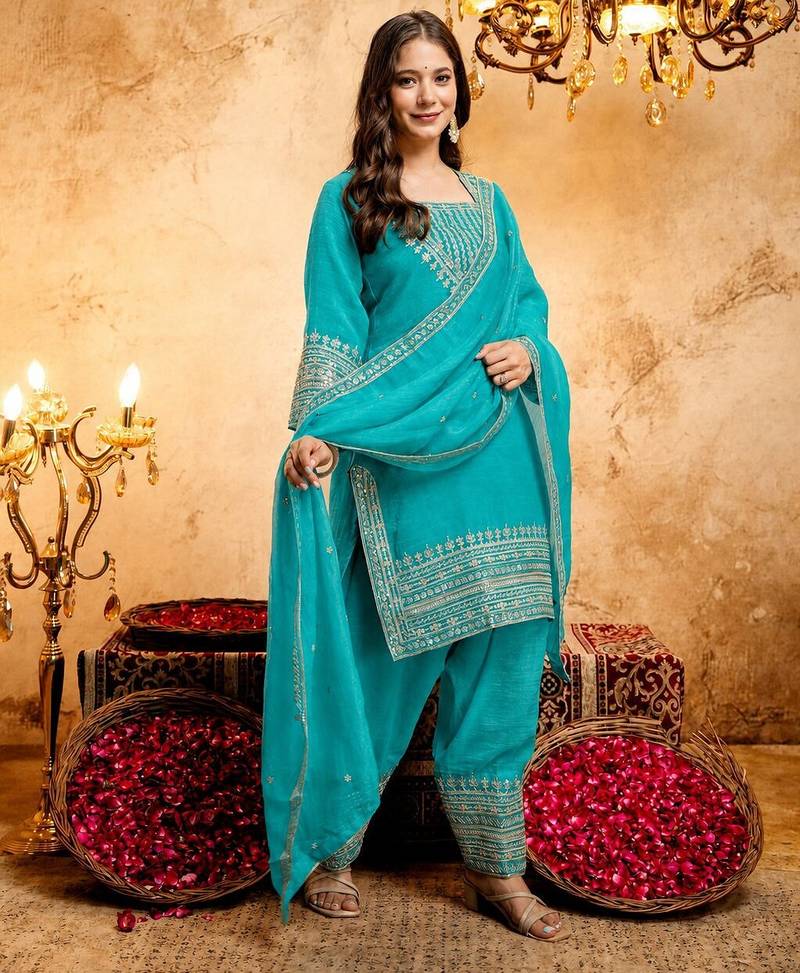  Embroidery Work Crunchy Straight Kurta Shalwar and Dupatta Set