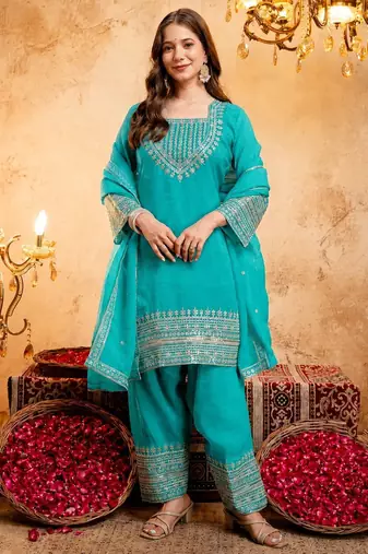  Embroidery Work Crunchy Straight Kurta Shalwar and Dupatta Set